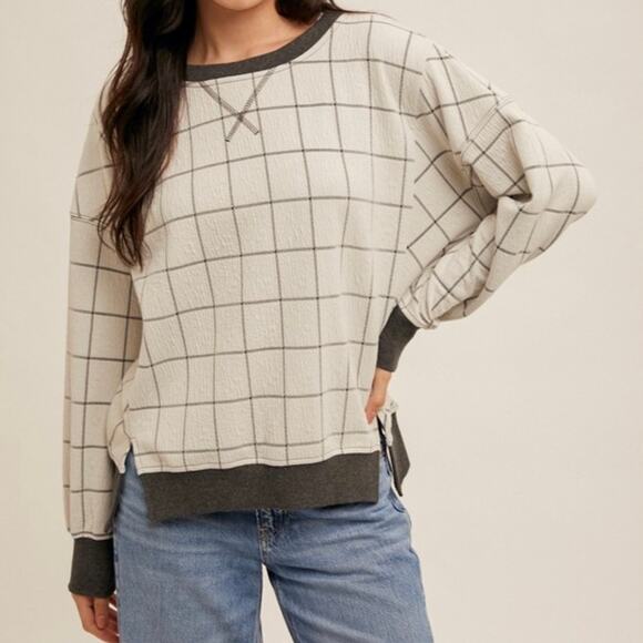 Hem & Thread NWT Grid Crewneck Sweatshirt, Women Size Large - Picture 2 of 3